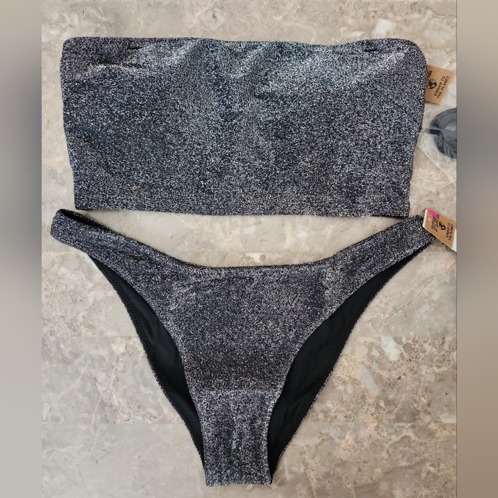 XS/XS S/S PINK Swim Shimmer Bandeau Bikini Top Brazilian Bikini Set
